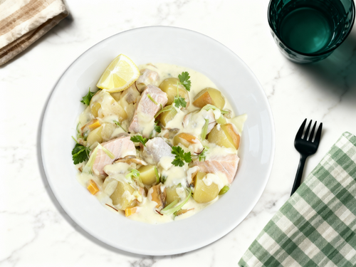 Blanquette de saumon en crème onctueuse aux légumes et pommes de terre