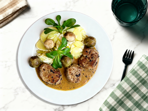 Filet mignon de porc sauce aux poivres avec pommes de terre rissolées et épinards