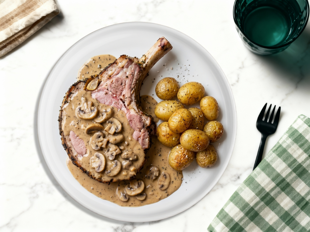 Jambon à l'os, sauce archiduc & pommes de terre