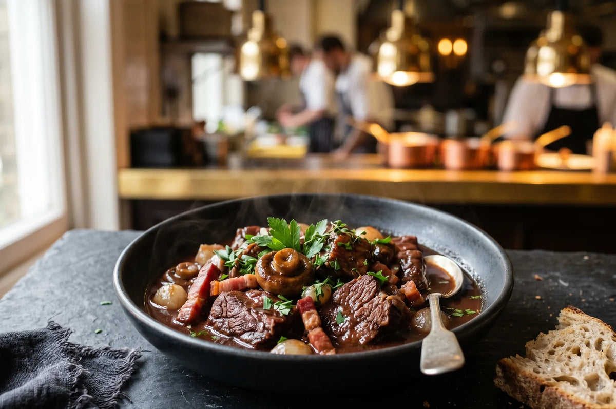 Bœuf bourguignon mijoté dressé, plat cuisiné français Le Gourmet Pro