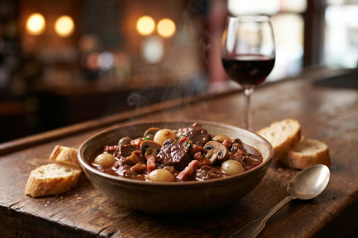 Plat chaud français servi sur un comptoir de bar